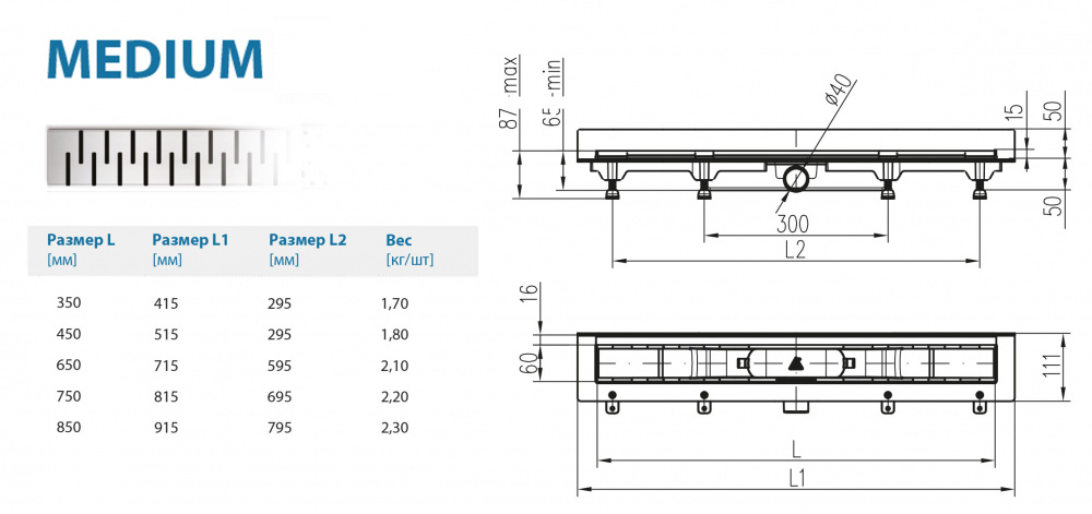 Водоотводящий желоб ALPEN Medium ALP-850MN2 к стене с рамкой