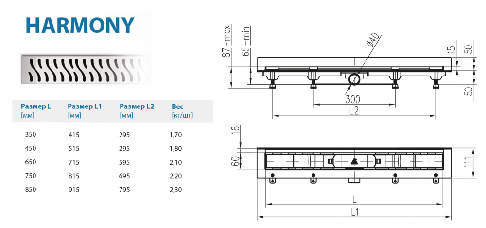 Водоотводящий желоб ALPEN Harmony ALP-650HN2 к стене с рамкой
