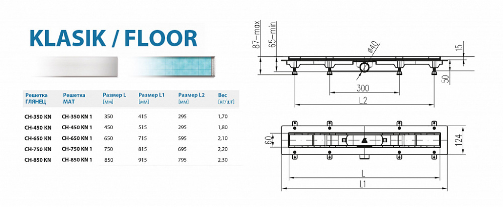 Водоотводящий желоб ALPEN Klasic/Floor ALP-450KN с рамкой